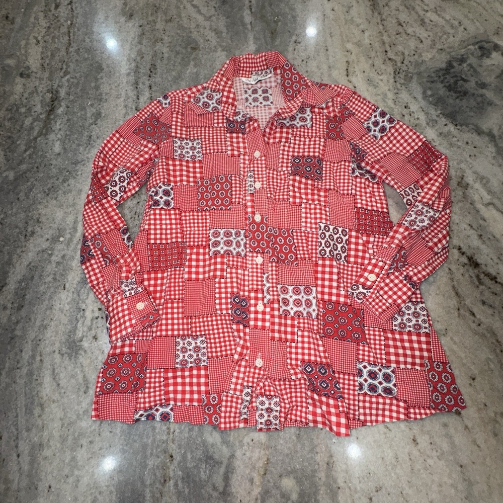 VTG Asks Fifth Avenue Women's Sz Small Plaid Patchwork Shirt Blouse Button Red